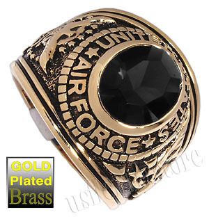 Jet Black CZ US Air Force Military Gold Plated Mens Ring