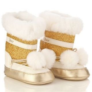 JUICY COUTURE BABY GIRL FUR BOOT GOLD GLITTER POM CHRISTMAS SHOWER