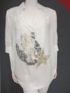 SIMON CHANG 3/4 Sleeve Long Embellished Print Blouse Top, White, 8