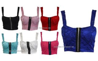 NEW WOMENS PADDED LACE ZIP FRONT BRALET LADIES STRAPPY TOP IN 7