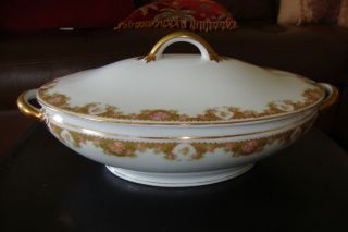 HUB Austria Oval Covered Vegetable Bowl Tureen Gold Pink Roses