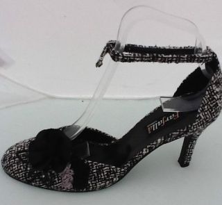 Black Grey White Tweed Shoes from Farfalla Flower & Sequin Detail High
