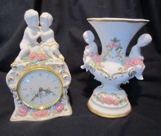 FRANKLIN MINT Cherubs of Love vase & First Embrace Clock