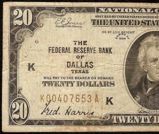 1929 $20 DOLLAR BILL DALLAS FRBN BANK NOTE NATIONAL CURRENCY MONEY Fr