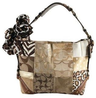 Tan Brown & Gold Patchwork Canvas Leather Hobo Bag $436 (Save $109
