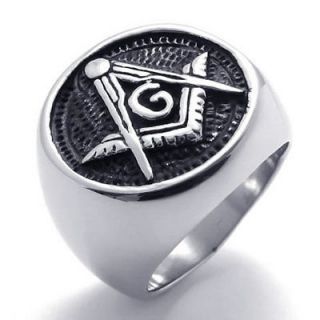 Size 10 Silver Black Stainless Steel Freemason Mason Masonic Mens Ring