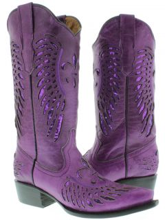 Womens cowboy boots ladies purple leather sequins western riding