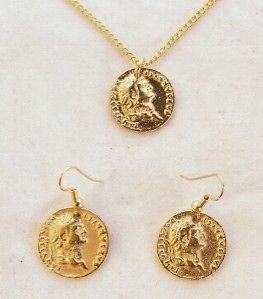 Roman Coin Necklace & Earrings Set, 22ct Gold Plated