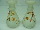 Pair Antique French Opaline Art Glass Vases w Heavy Gilding Glass