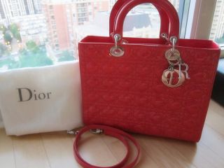 AUTH LADY DIOR PATENT LEATHER RED 7 QUILTED CANNAGE LAMBSKIN LARGE