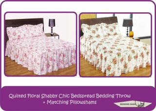 Quilted Floral Shabby Chic Bedspread Bedding Throw+ Pillowshams All