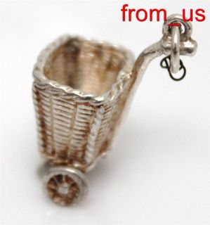 Sterling silver  SHOPPING CART BASKET  Charm / Wheels Turn / MOVES