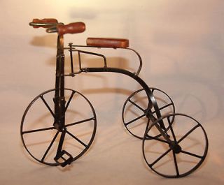 MINIATURE TOY WROUGHT IRON TRICYCLE WITH WOOD SEAT and HANDLE GRIPS