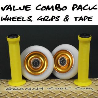 Gold White Metal Core Scooter Wheels X2 Yellow Handle Bar Grips Grip