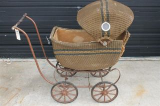  Victorian Era Wicker Baby Carriage Buggy 4 Wheels NEEDS TLC See Pic