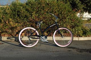 beach cruiser bike, FAT frame, black, pink rims, 26 wheels,BRAND NEW