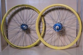 Old School BMX Wheels 20 ACS Z Rims Yellow w Blue Sunshine Hubs Used