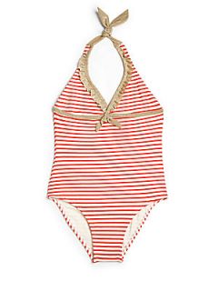 Onda De Mar Swim Girls Ruffled & Striped Halter Swimsuit   Red Stripe