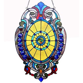 Tiffany style Victorian Design Oval Window Panel (Blue/purple/green/gold/redMaterials Metal and art glass Pattern Victorian design Glass Art glass Dimensions 23 inches tall x 15 inches wide x 0.25 inch deep Assembly Mounting hardware included )