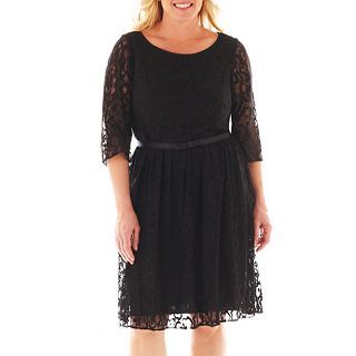 Dana Kay Long Sleeve Belted Lace Dress   Plus, Black