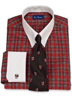 Paul Fredrick Mens 2 Ply Cotton Tartan Plaid Tab Collar French Cuff Dress Shirt
