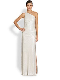 Laundry by Shelli Segal One Shoulder Embossed Metallic Gown   Silver