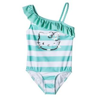 Hello Kitty Girls 1 Piece Striped Swimsuit   Misty Blue S