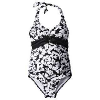 Womens Maternity Tie Neck Belted One Piece Swimsuit   Black/White M