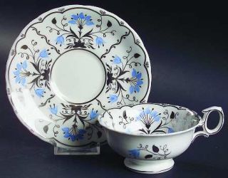 Wedgwood Papyrus Blue&Silver Footed Cup & Saucer Set, Fine China Dinnerware   Bl
