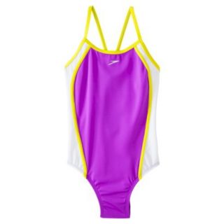 Speedo Girls 1 Piece Racer Back Mesh Splice Swimsuit   Purple 10