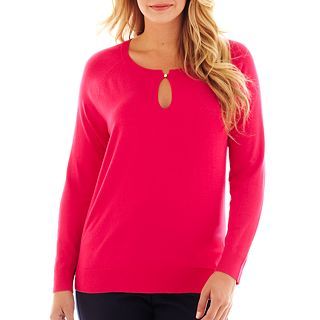 LIZ CLAIBORNE Long Sleeve Keyhole Sweater   Plus, Bright Rose, Womens