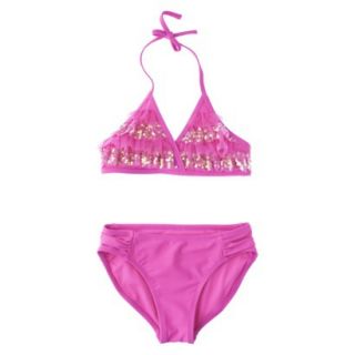 Xhilaration Girls 2 Piece Ruffled Sequin Halter Bikini Swimsuit Set   Pink XS