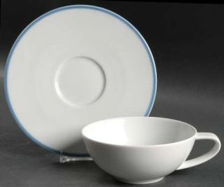 Calvin Klein Birch (Floral & Blue Band) Flat Cup & Saucer Set, Fine China Dinner