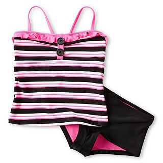Breaking Waves 2 Piece Ruffled, Striped Swimsuit   Girls 6 16, Pink, Girls
