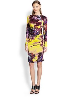Jean Paul Gaultier Palm Print Ruched Long Sleeve Dress   Violet