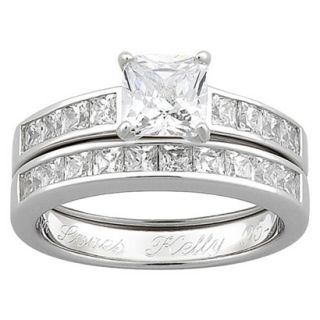Sterling Silver Cubic Zirconia 2 piece Square Engraved Wedding Ring Set   8