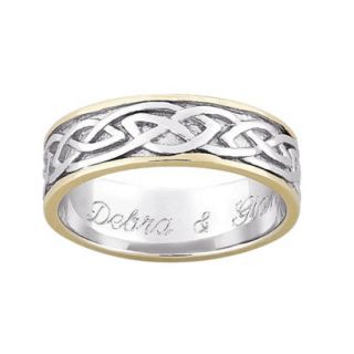 Gold Over Sterling Silver Personalized Two Tone Engraved Celtic Wedding Band  