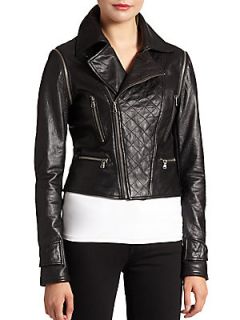 Quilted Convertible Leather Jacket   Black