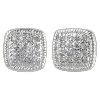 Womens Silver Plated Button Earrings Square with Pave Cubic Zirconia  