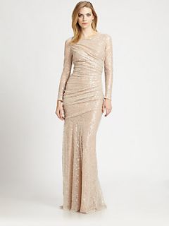 Carmen Marc Valvo Sequined Lace Gown   Nude