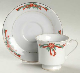Fine China of China Poinsettia & Ribbons Footed Cup & Saucer Set, Fine China Din