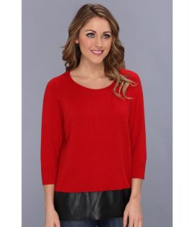 DKNYC Three Quarter Sleeve Pullover w/ Faux Leather Hem Womens Sweater (Red)