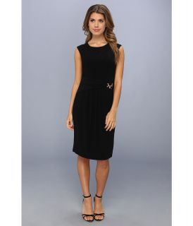 Ellen Tracy Cap Sleeved Crepe With Draped Hardware Womens Dress (Black)