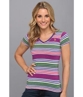 U.S. Polo Assn Cotton Slub Short Sleeve Multi Stripe V Neck T Shirt Womens T Shirt (Multi)