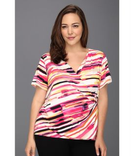 Calvin Klein Plus Size Painterly Stripes Print V Neck w/ Hardware Womens Short Sleeve Knit (Multi)