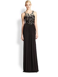 David Meister Beaded Bodice Jersey Gown   Black Nude