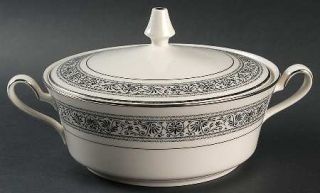 Noritake Prelude Round Covered Vegetable, Fine China Dinnerware   Black Scroll &