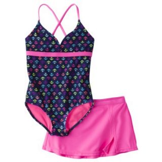 Xhilaration Girls Anchor 1 Piece Swimsuit and Cover Up Skirt Set   Blue/Pink L