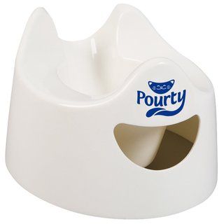 Pourty Easy to pour Potty In White (WhiteUnique pouring duct and anti drip lip for easy cleaningHandle at the front so that you pour waste out of the back away from where the child sitsWide ergonomic seat for greater comfort for boys and girlsWide base fo