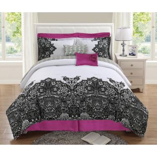 Black/white Lace Reversible 8 piece Comforter Set (PinkMaterials 100 percent polyesterFill material 100 percent polyesterHypoallergenic NoCare instructions Machine washableTwinComforter 68 inches wide x 86 inches longSham 20 inches wide x 26 inches 